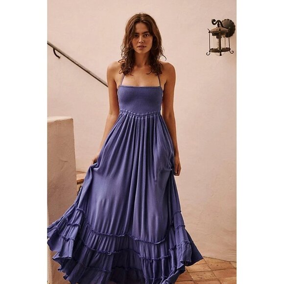 NWT Free People Extratropical Maxi in Dark Blue Crinkled Halter Dress S - Picture 6 of 9